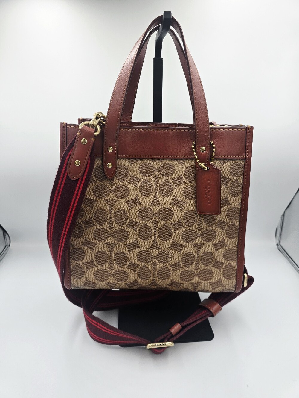 COACH C3866 Field Tote 22 Brown Coated Canvas Leather Trim Crossbody EUC**